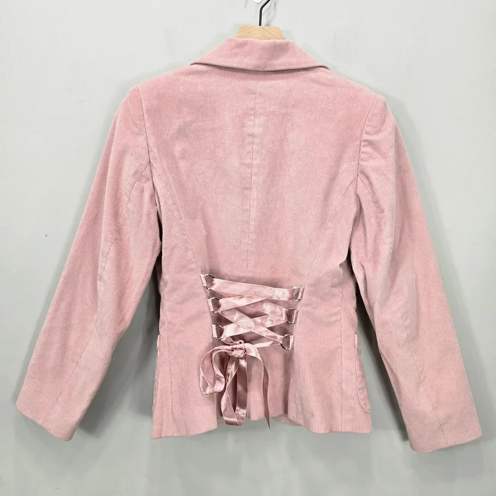 Vintage Y2K Corduroy Blazer Jacket S Pink Lace Up Embellished Barbie Feminine